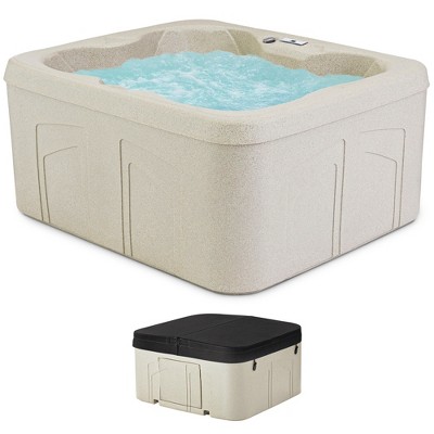 LifeSmart 4-Person Hot Tub, Outdoor Spa with Cover and LED Lights, Square, Beige - Above-Ground Spa Machine with Accessories for Home and Personal