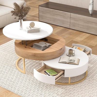 Angel Sar Modern Round Coffee Table for Living Room, Set of 2 Nesting Coffee Table, Center Table with Drawers, White