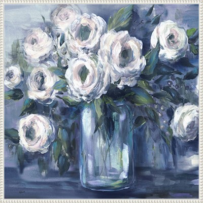 Indigo and White Floral Canvas Art with White Frame