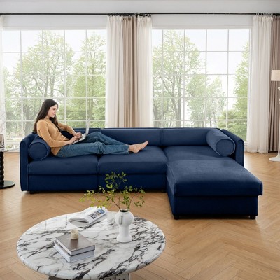 Elegant White Chenille  Sofa with Storage Seat and Ottoman, L-Shaped 3-Seater Cylindrical Backrest and Armrests