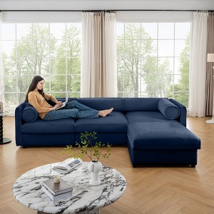 Elegant White Chenille  Sofa with Storage Seat and Ottoman, L-Shaped 3-Seater Cylindrical Backrest and Armrests - 1 of 4