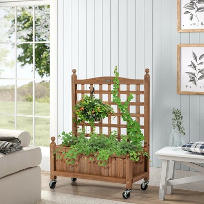 Natural Fir Wood Mobile Planter Box with Trellis, Set of 2
