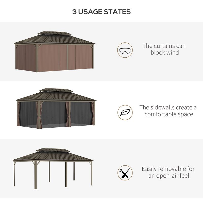 Outsunny Patio Gazebo, Netting & Curtains, 2 Tier Double Vented Steel Roof, Hardtop, Ceiling Hooks, Rust Proof Aluminum, 5 of 7