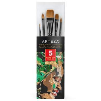 Arteza Acrylic Brush Set, Brown Brush Hair, Black Ferrule with Black Wooden Handle and Gold Printing - 5 Pack