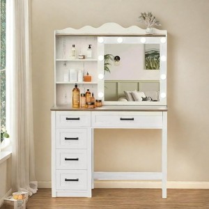 Sevobal Vanity Tables with 3 Levels of Open Storage Shelves Farmhouse Vanity with Sliding Mirror Hidden Storage for Bedroom, Multicolored - 1 of 4