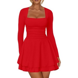 Long Sleeve Corset Mini Dress with Square Neck & Ruffle Hem, Ruched Waist Party Dress for Night Out, Cocktail, Dinner Date Red - 1 of 4