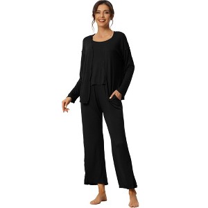 cheibear Women's 3 Pcs Modal Knit Soft Long Sleeve Cardigan Cami and Pants Pajama Set - 1 of 4