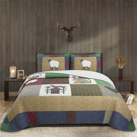 Acoinel Farmhouse Animal Patchwork Quilt Set - Reversible Bedspread with Pillow Shams, Rustic Country Bedding for All Seasons,Queen