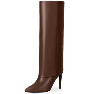 BLISSFUL STEP Women's Fold Over Pointed Toe Zipper Stiletto Heel Knee-High Boots