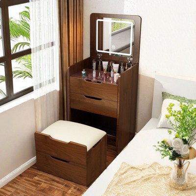 NicBex 3-in-1 LED Vanity Desk with Flip-Top Mirror & Hidden Stool,Space-Saving Makeup Table with 3 Drawers,Glass Top & Cushioned Seat for Bedroom