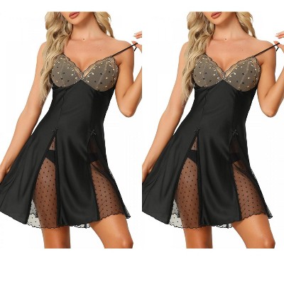 INSPIRE CHIC Women's 2 Pcs Lingerie Babydoll Satin Mini Chemise with Mesh Inset Sweet Nightgown