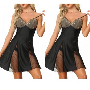INSPIRE CHIC Women's 2 Pcs Lingerie Babydoll Satin Mini Chemise with Mesh Inset Sweet Nightgown - 1 of 4