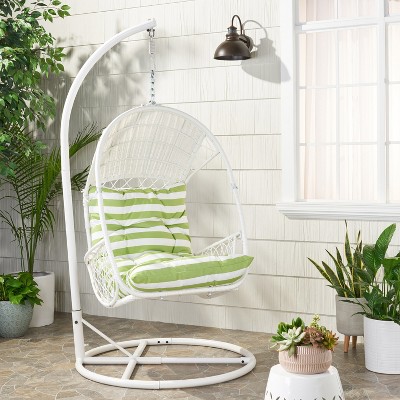 GDFStudio Emmie Outdoor Wicker Hanging Chair with Iron Stand and Water Resistant Cushion