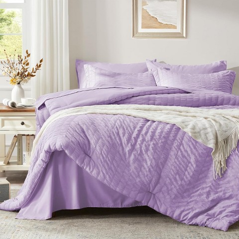 Der Rose BALHAM TRADE-Queen Size 7 Pieces Olive Green Seersucker All Season Bedding Set, All Season Bedding Sets Light Purple-Queen 88"x88"