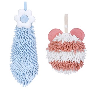 REGALWOVEN Soft Absorbent Cute Fuzzy Hanging Decorative Bathroom Chenille Hand Towel 6" x 15"/7" x 7" 2 Packs - 1 of 4