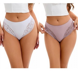 INSPIRE CHIC 2 Pcs Women's Plus Size Lace Trim Mid-Waisted Thongs Underwear - 1 of 4