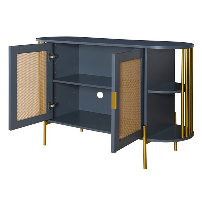 GlasFlength Decorative Storage Cabinets Elegant Curved Dining Cabinet with Woven Rattan Doors and Gold Trim for Dining Room, Gray, 47.2"*15.7"*31.1"