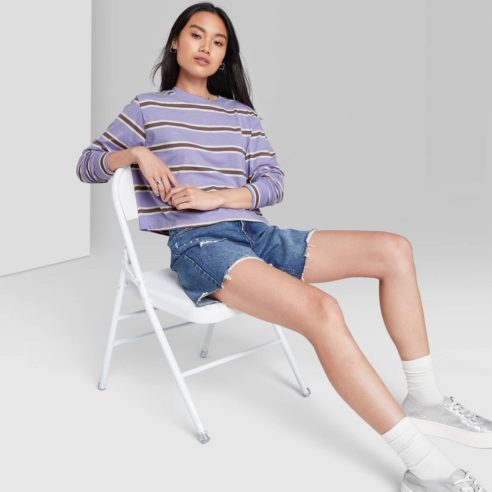 Large Women's Long Sleeve Boxy T-Shirt - Wild Fable Amethyst Striped, Purple Striped