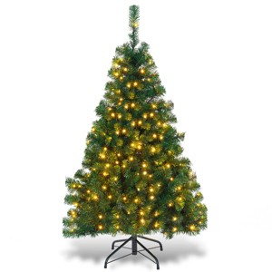Costway 4.5Ft PVC Pre-lit Christmas Tree Hinged 200 LED Light Metal - 1 of 4