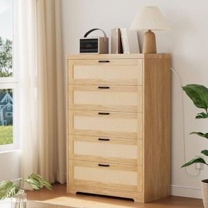 Jojoka Tall Rattan Dresser with 5 Drawers, Storage Chest of Drawers for Bedroom or Living Room - 1 of 4