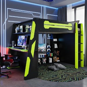 Polibi Full Size Gaming Loft Bed with Built-In Desk, RGB Light, Multi-Tier Shelving & Charging Station - 1 of 4