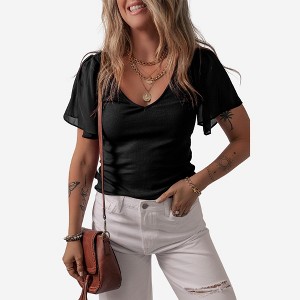 Amaryllis Women’s Ribbed Knit V-Neck Top Sheer Flutter Chiffon Short Sleeves Fitted Lightweight Romantic - 1 of 4