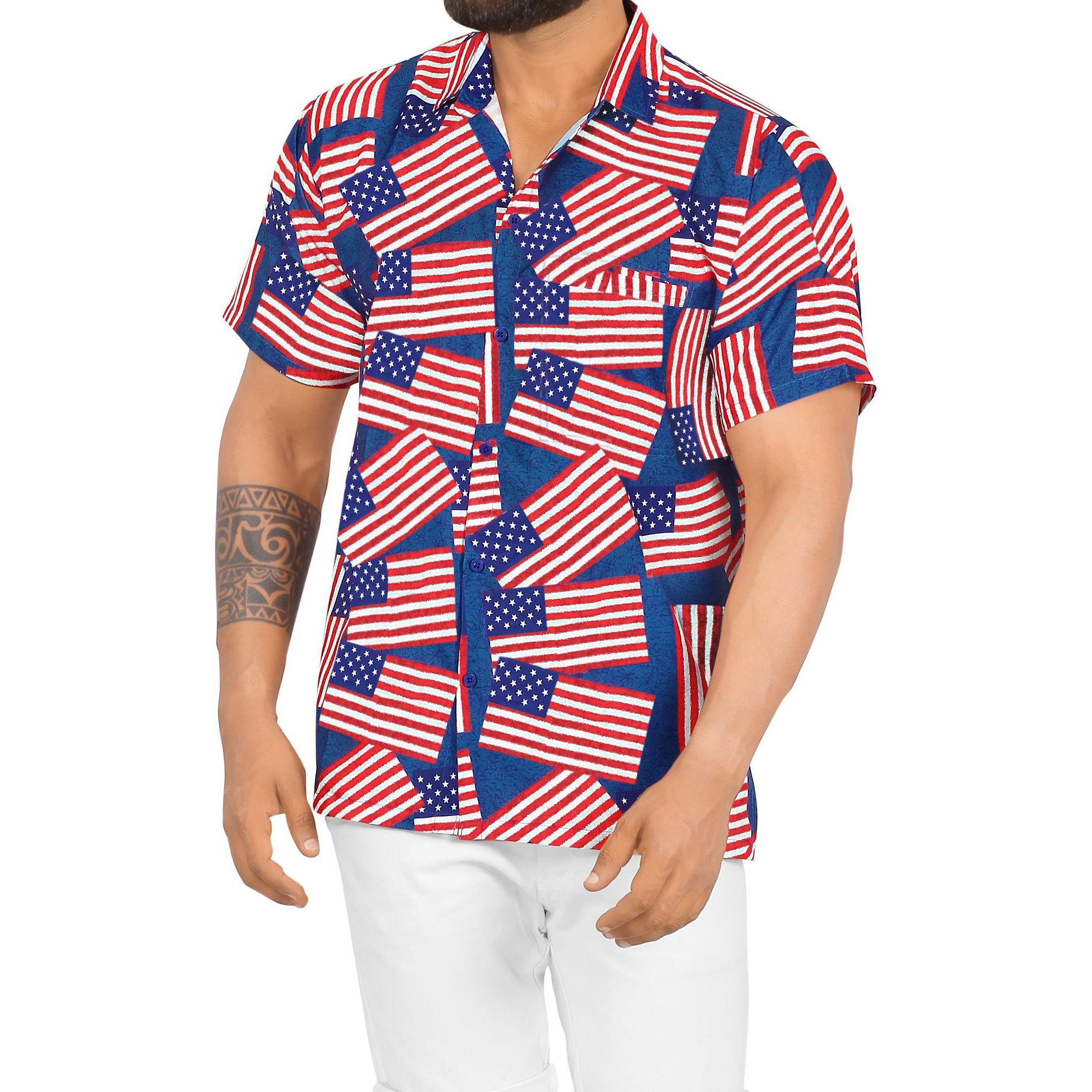 LA LEELA Men's 4th of July Patriotic US American Flag Shirt Short Sleeve Button Down Holiday Hawaiian Shirts for Men S US Flags Red