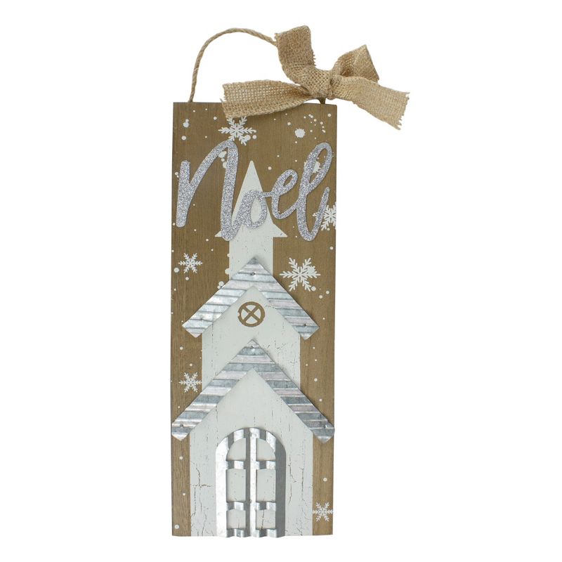 Northlight 12.5 White Church and Snowflakes with Metal Noel Wooden Christmas Wall Decoration, 1 of 3