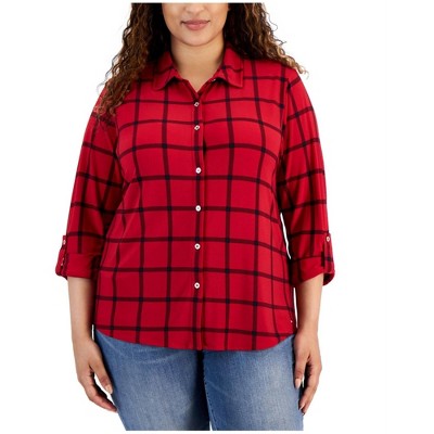 Tommy Hilfiger Womens Plaid Roll Tab Sleeve Button Up Shirt