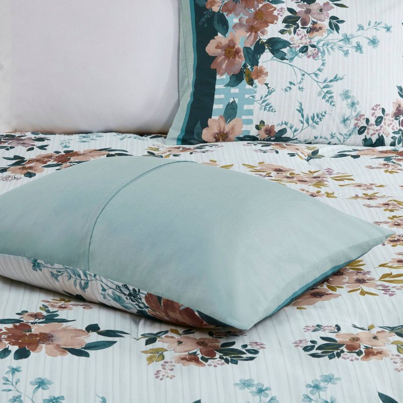 Madison Park 5pc Everly Cotton Floral Comforter Bedding Set with Throw Pillows Teal Blue, 6 of 13