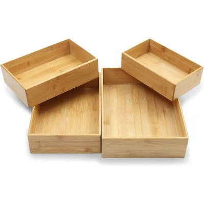 Juvale 4 Pack Bamboo Drawer Organizer Boxes in 4 Sizes for Storing Household Items, Beauty and Office Supplies