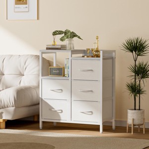 Furnulem Chest of Drawers for Bedroom, 3 Tier Wide Dresser with 5 Fabric Drawers for Hallway Rooms, Rustic Brown, Black Oak and White - 1 of 4