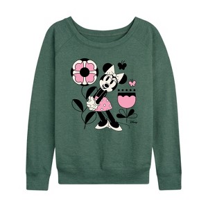 Women's - Disney - Minnie Mouse with Flowers & Butterflies Lightweight French Terry Wide Neck Long Sleeve Shirt - 1 of 4