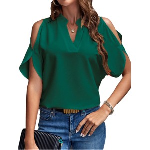 Womens Clod Shoudler Short Sleeve Blouse V Neck Tops Summer Casual Tops - 1 of 3