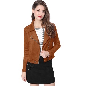 Allegra K Women's Zip Up Faux Suede Biker Moto Jacket - 1 of 4