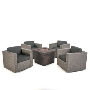 GDFStudio Venice Outdoor Wicker 5 Piece Swivel Club Chair and Fire Pit Set with Cushions - 1 of 4
