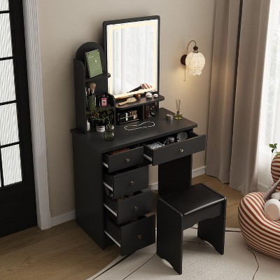 FUFU&GAGA Makeup Vanity Set with Mirror and Stool Drawer and Shelf