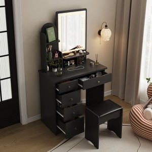 FUFU&GAGA Makeup Vanity Set with Mirror and Stool Drawer and Shelf - 1 of 4