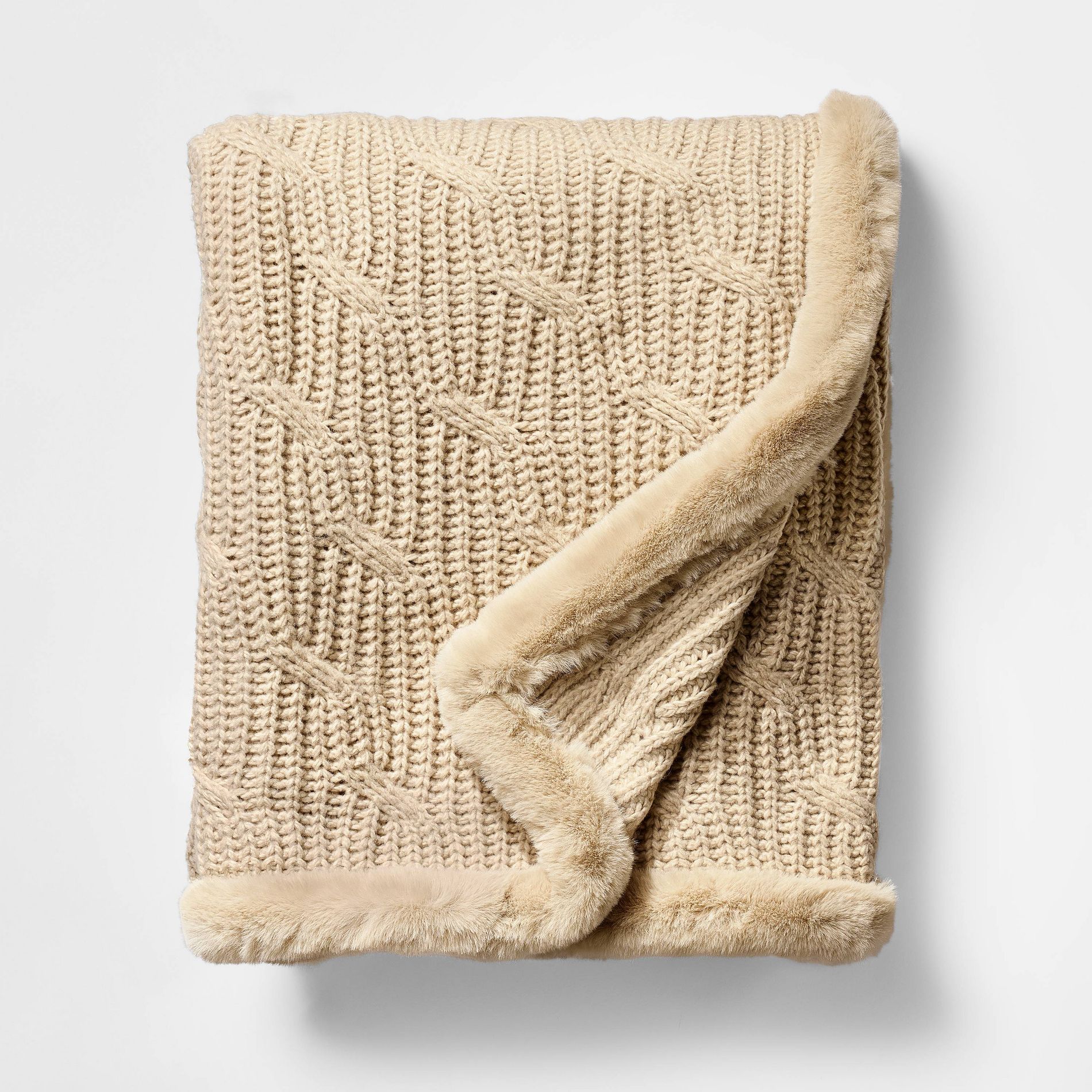 Tan Cable Throw Blanket with Faux Fur Trim - Threshold™ designed with Studio McGee
