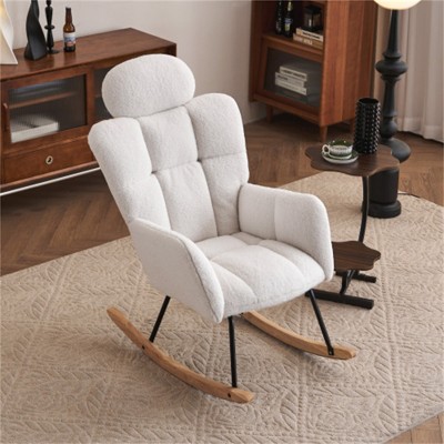SKRAN Teddy Fabric Upholstered Rocking Chair,Accent Armchair Padded Seat with High Backrest and Pillow for Living Room, Bedroom, Nursery(Ivory)