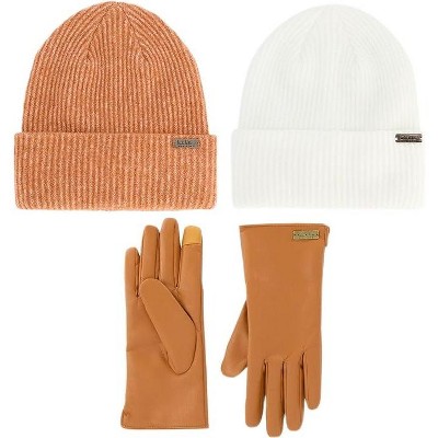 Nicole Miller Mocha Women's Hat and Glove Set , 2 pack Winter Beanie Hats  and Soft, Faux Leather Gloves