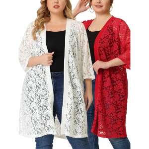 Agnes Orinda Women's Plus Size Lace Hollow Out Open Front 3/4 Sleeve Fall Midi Packs Cardigans - 1 of 4