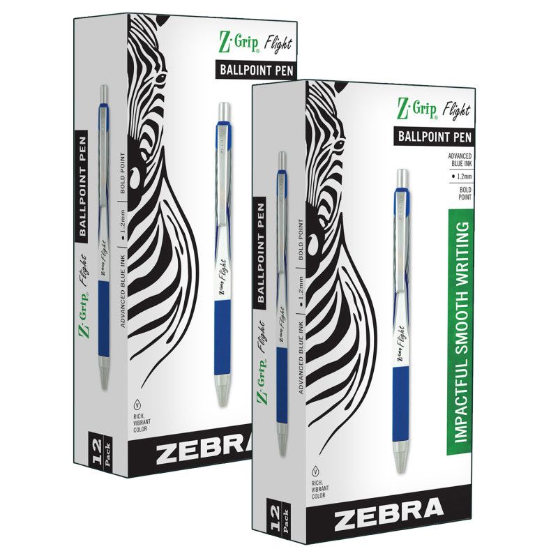 Zebra Pen Z-Grip Flight Ballpoint Retractable Pen 1.2mm, Blue, 12 Per Pack, 2 Packs, 1 of 2