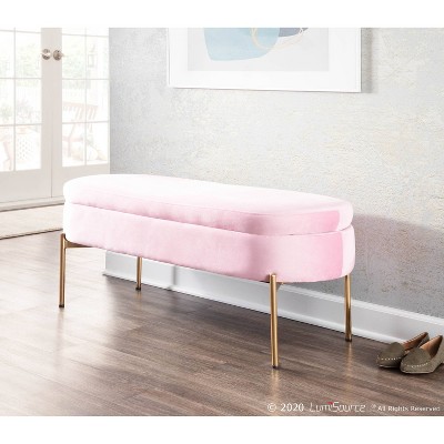 Chloe Blush Pink Velvet 48" Storage Bench with Gold Metal Base