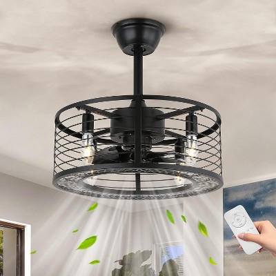 Ludomide 18" Black Caged Ceiling Fan With Lights And Remote, Chandelier Ceiling Fan For Bedroom Dining Room