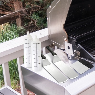 Cheer Collection 5 Piece Stainless Steel Griddle Set – Spatulas, Scraper, and Squeeze Bottles