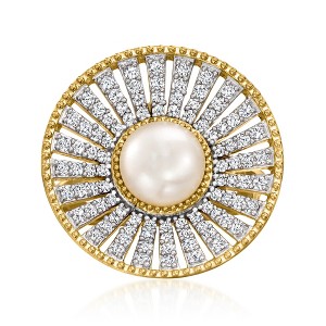 Ross-Simons 8-8.5mm Cultured Pearl and 1.00 ct. t.w. White Zircon Ring in 18kt Gold Over Sterling - 1 of 4