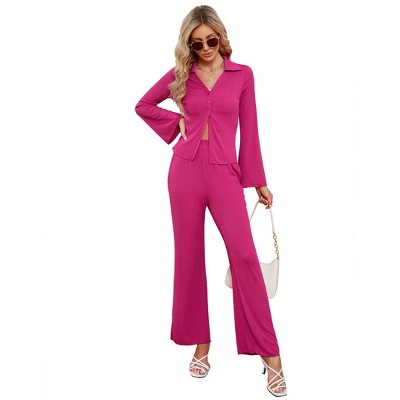 Womens 2 Piece Pleated Pants Sets Long Sleeve Button Shirt Blouse with Wide Pajama Pants Loungewear