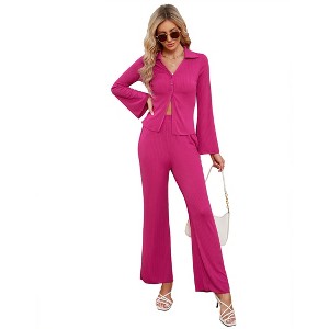 Womens 2 Piece Pleated Pants Sets Long Sleeve Button Shirt Blouse with Wide Pajama Pants Loungewear - 1 of 4