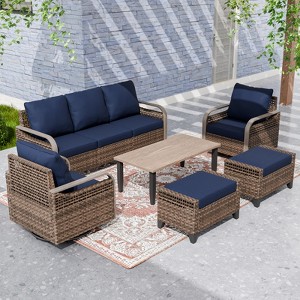 EAGLE PEAK Wicker Outdoor Patio Conversation Set, 2 Swivel Rocking Chairs, 3-Seat Loveseat, 2 Ottomans and Coffee Table, 6 Pieces - 1 of 4
